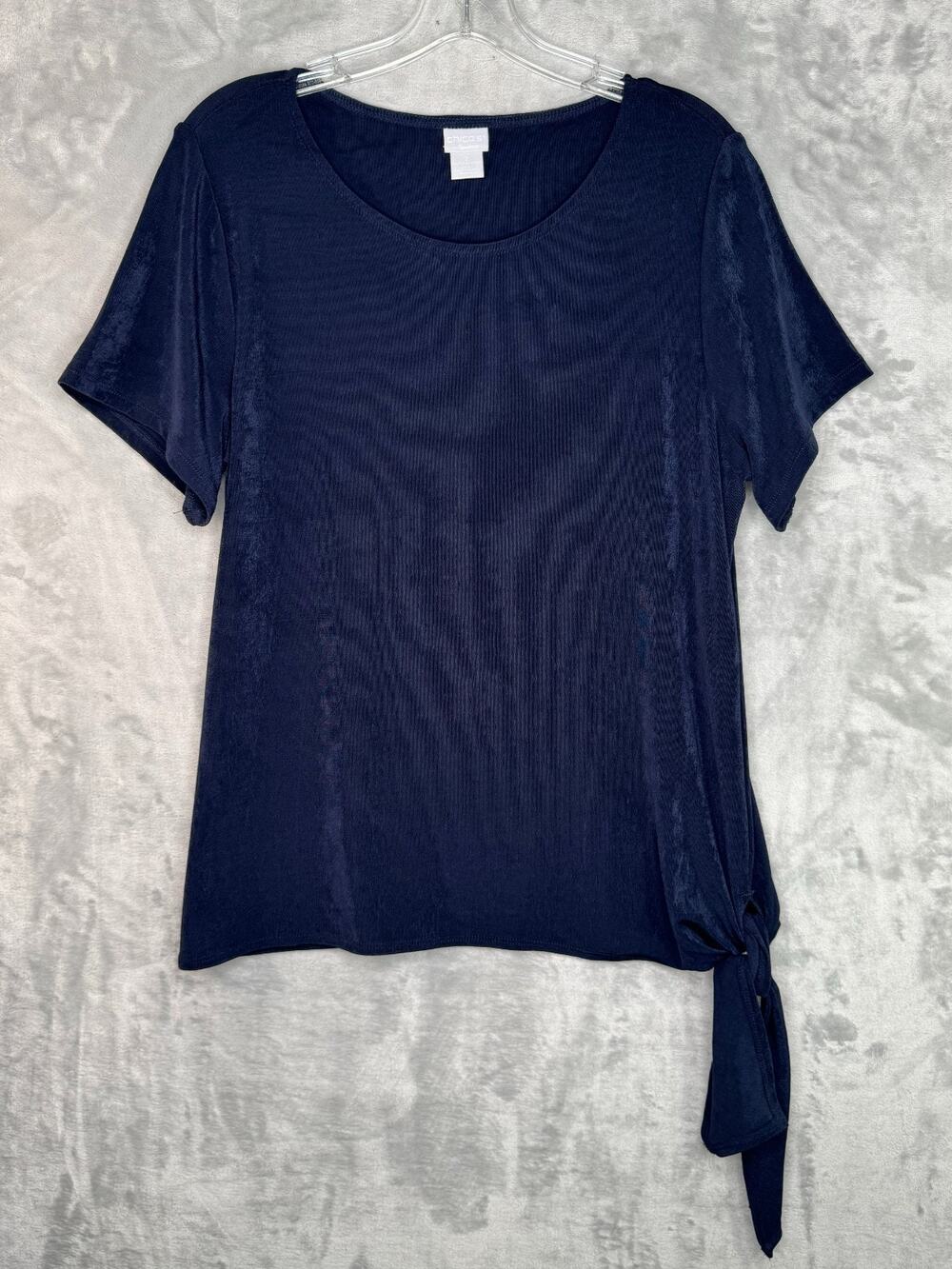 Chico's Travelers Top Womens 12 Navy Blue Short Sleeve Stretchy Knit Side Tie